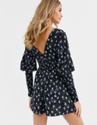 Asos Design Shirred Waist Romper In Blue Ditsy Floral-multi