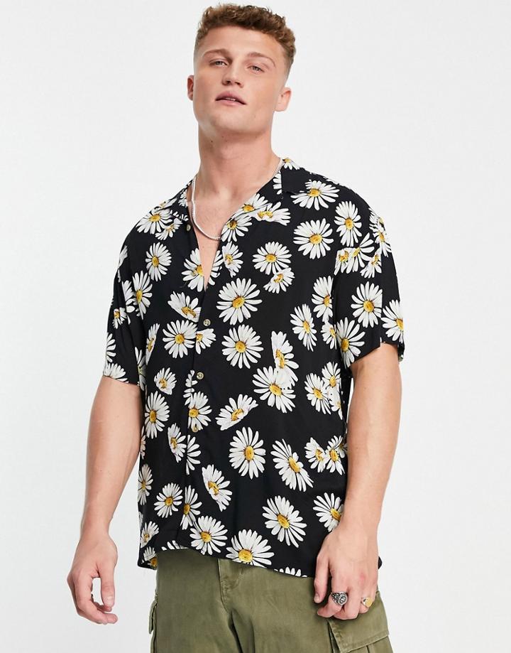 Jack & Jones Originals Camp Collar Shirt In Daisy Print-black