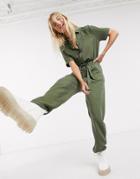 Noisy Utility Jumpsuit With Tie Waist In Khaki-green