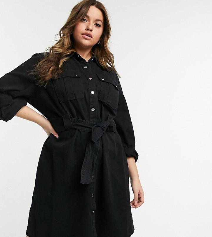 New Look Curve Belted Denim Shirt Dress In Black