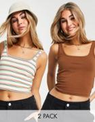 Daisy Street 2 Pack 90s Cropped Tank Top In Brown And Stripe