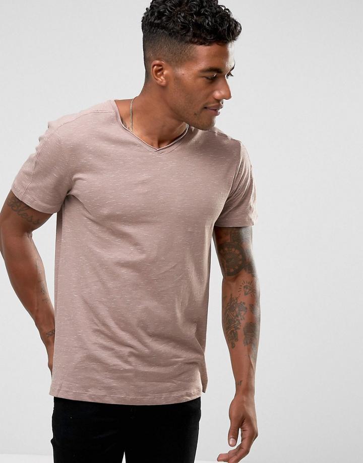 New Look Raw Hem V-neck T-shirt In Dusty Pink - Pink