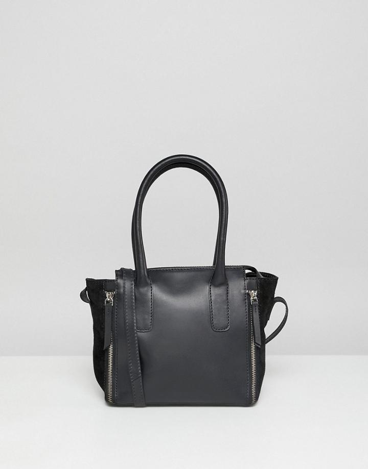 Asos Design Leather And Suede Mini Tote Bag With Zip Detail - Black