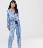 Asos Design Petite Satin Stripe Pyjama Pants Set - Blue