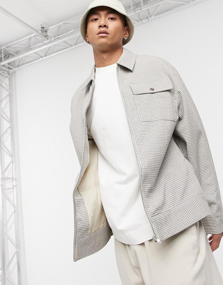 Asos Design Oversized Harrington Jacket In Ecru Mini Houndstooth Check-white