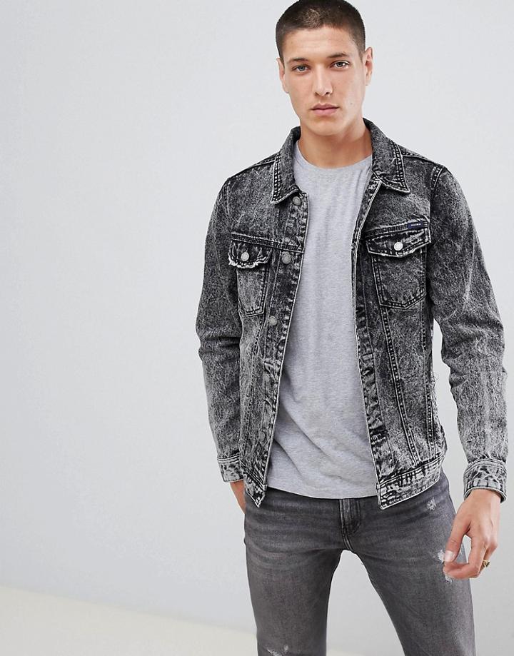 Pull & Bear Denim Jacket In Acid Wash Black - Blue