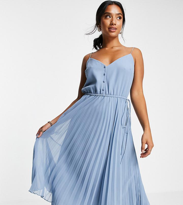 Asos Design Petite Button Front Pleated Cami Midi Dress With Drawstring Waist In Deep Blue-blues