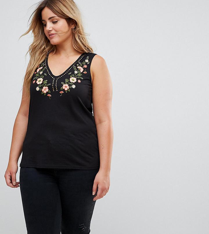 New Look Curve Embroidered Studded Shell Top - Black