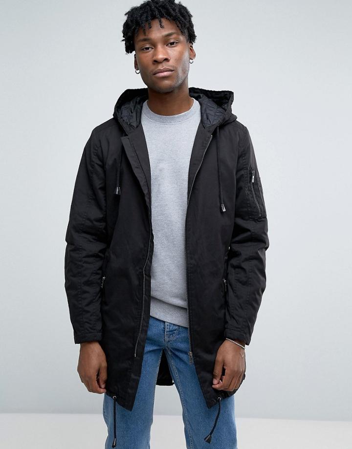 Only & Sons Fish Tail Parka With Zip Split Hood - Black