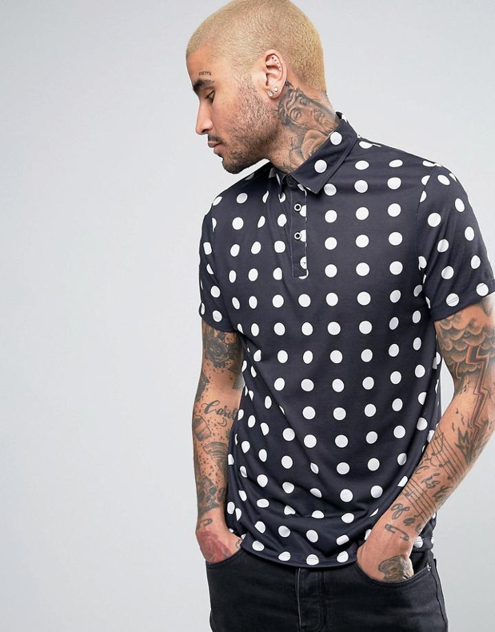 Asos Polo With Polka Dot Print - Black
