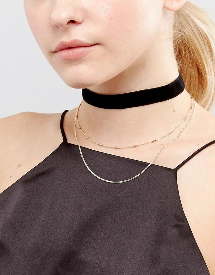 Asos Basic Velvet And Chain Multirow Choker Necklace - Gold