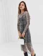 New Look Mesh Midi Dress In Animal Print - Gray