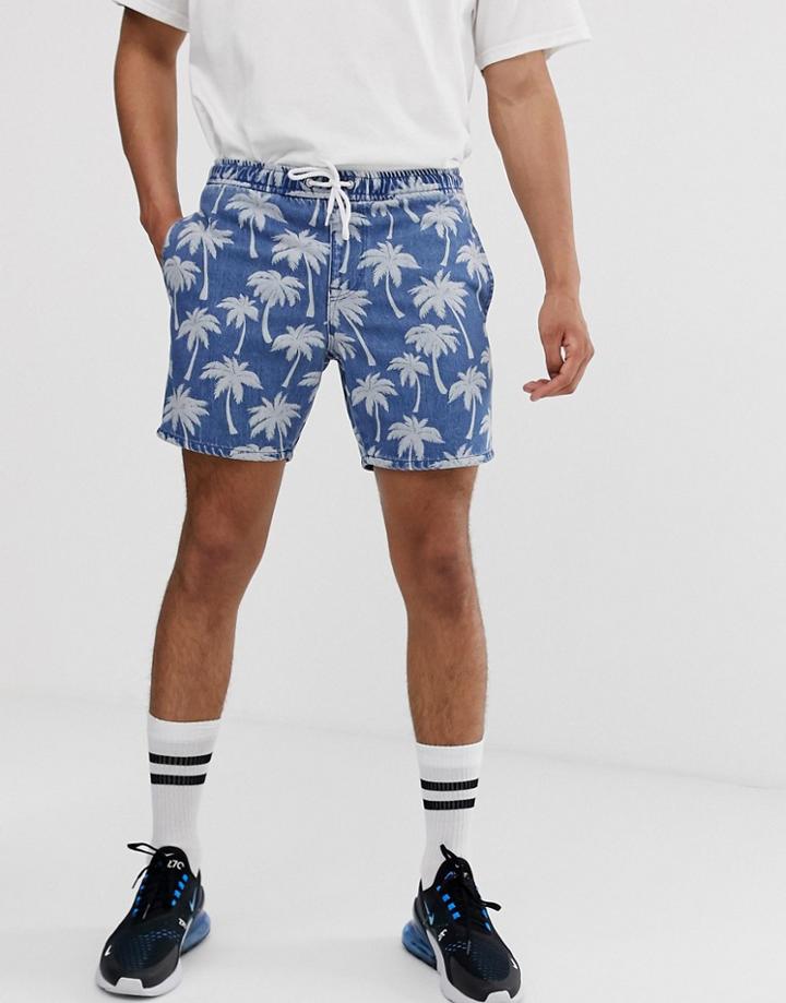 Asos Design Denim Short Shorts In Mid Wash Blue Palm Print With Elasticated Waist - Blue