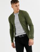 Asos Design Knitted Ribbed Bomber In Khaki-green