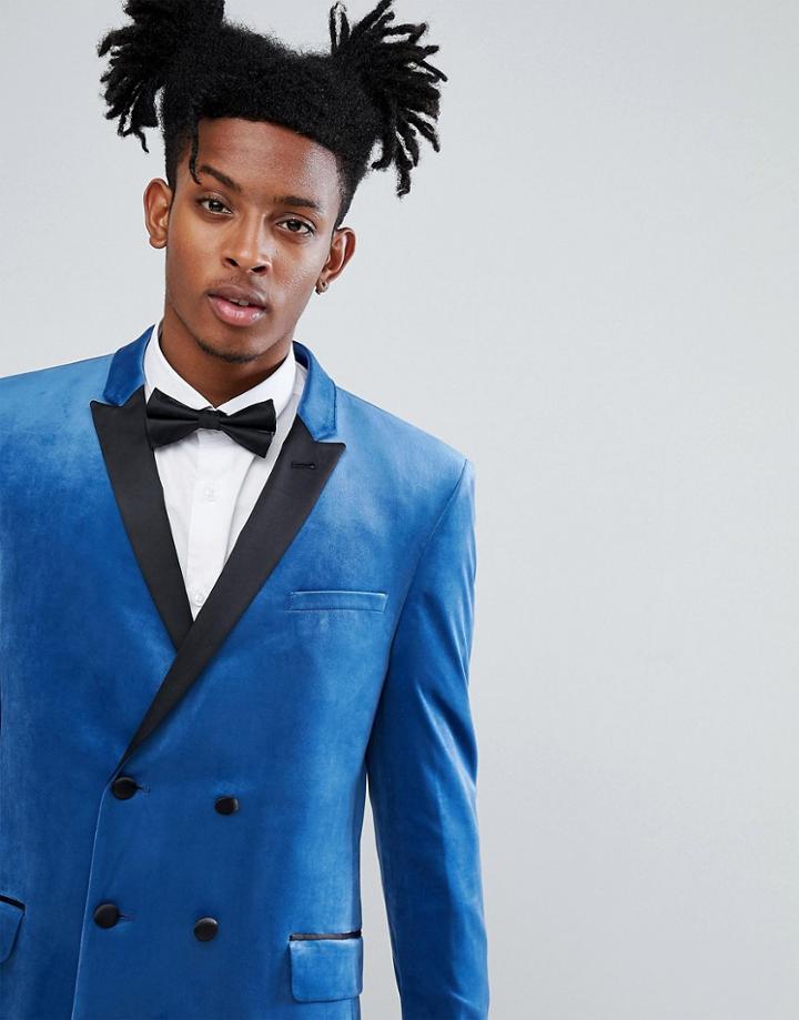Asos Skinny Double Breasted Blazer In Blue Velvet - Blue
