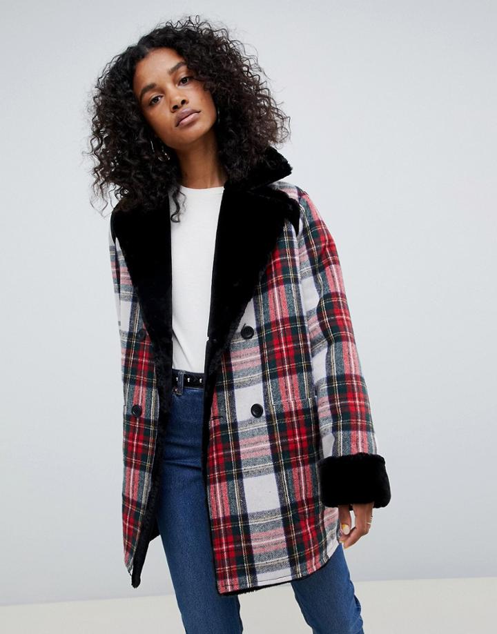 Asos Design Reversible Faux Fur And Check Bonded Jacket-multi