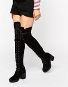 Truffle Lace Up Over The Knee Chunky Boot - Black