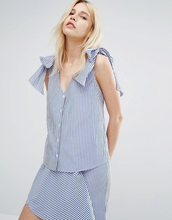 J.o.a V-neck Blouse With Tie Shoulders In Fine Stripe - Blue