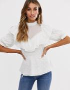 Asos Design Short Sleeve Top With Ruffle Neck Detail-white