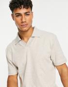 River Island Slim Open Collar Polo In Ecru-neutral
