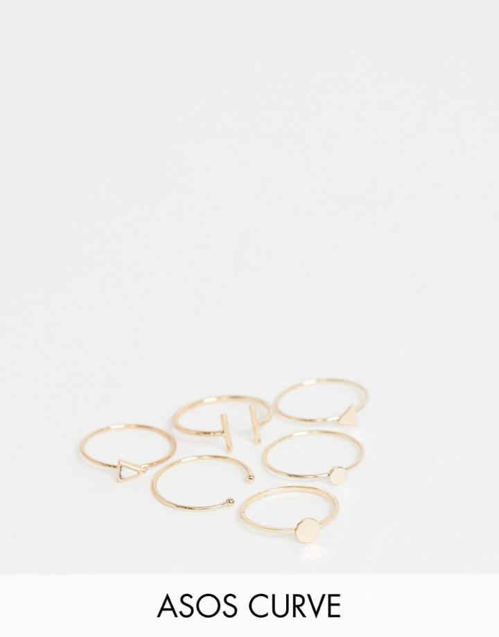 Asos Design Curve Pack Of 6 Rings In Fine Geo Design In Gold - Gold