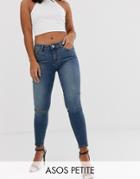 Asos Design Petite Lisbon Mid Rise Skinny Jeans In Extreme Dark Stonewash With Knee Rips-blue