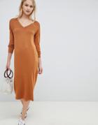 Asos Design Midi Sweater Dress With V Neck And Ripple Stitch - Stone