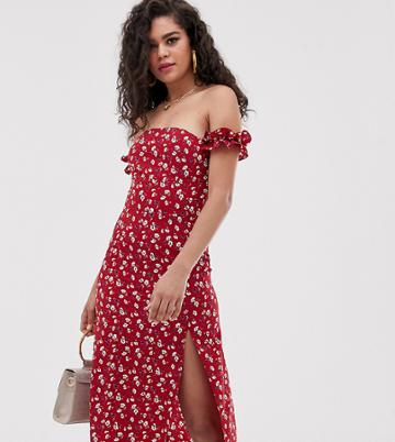 Fashion Union Tall Bardot Midi Dress With Split In Daisy Print - Red