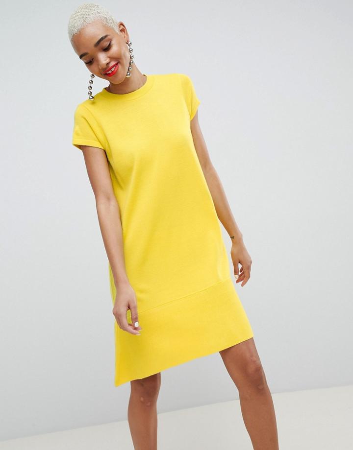 Asos Design Knitted Dress With Frill Hem And Short Sleeve - Yellow