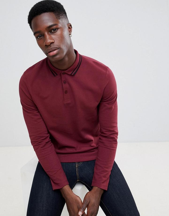 Asos Design Long Sleeve Pique Polo Shirt With Tipping In Burgundy-red