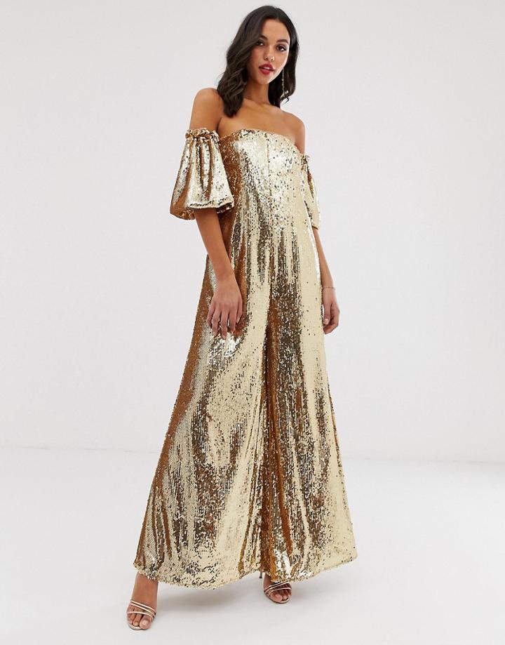 Asos Edition Gold Sequin Off Shoulder Jumpsuit