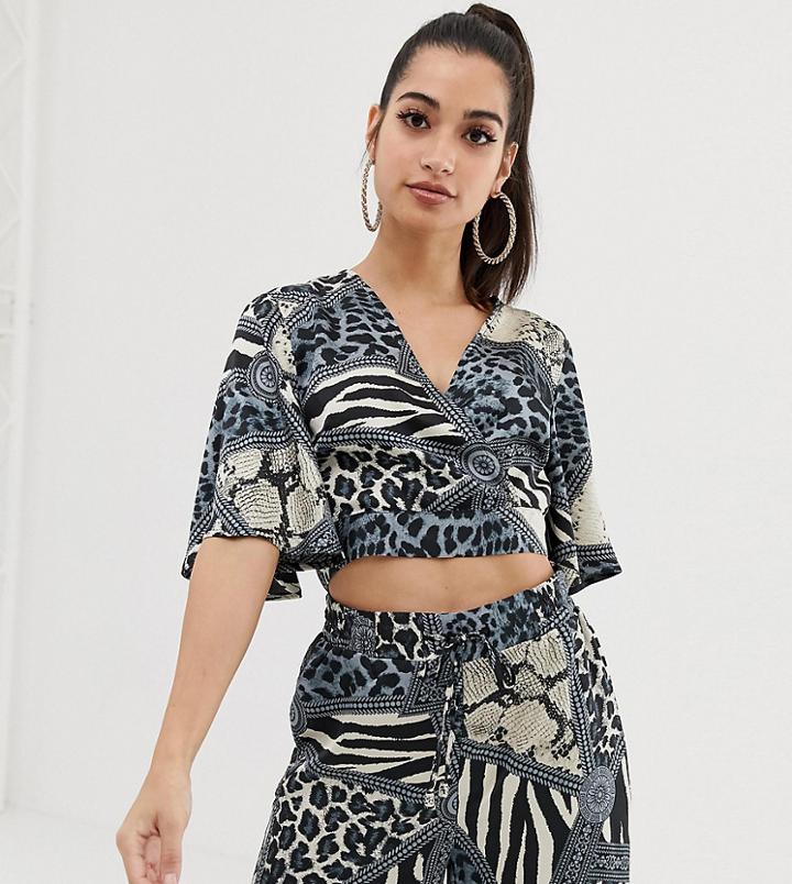 Outrageous Fortune Petite Wrap Front Crop Top Coord In Multi Chain Print - Multi