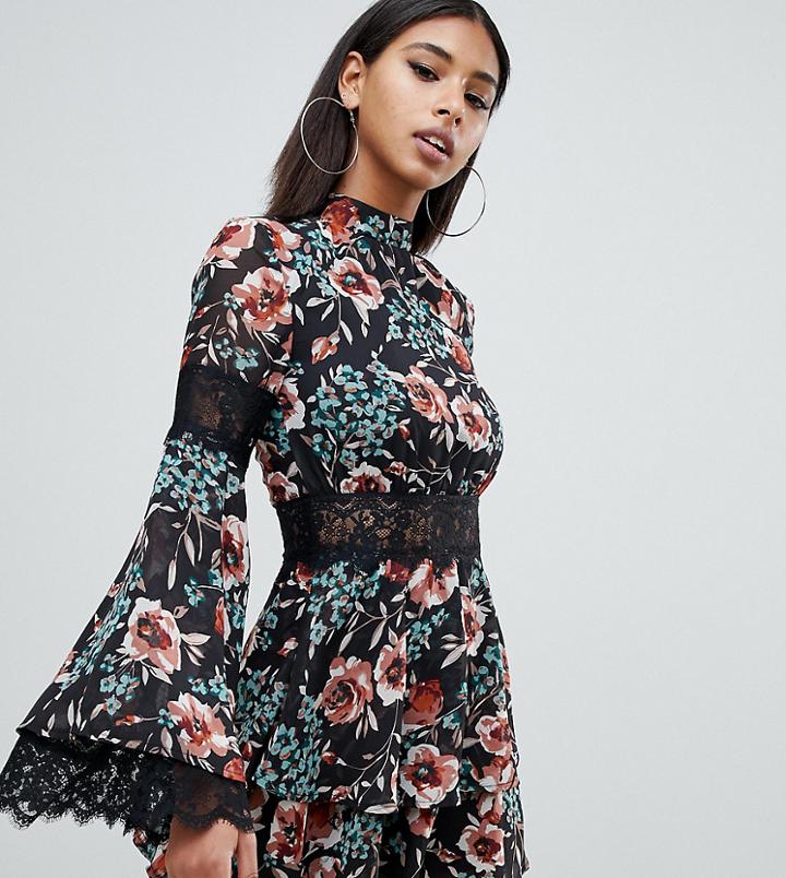 Missguided High Neck Lace Tea Dress In Floral In Multi - Multi