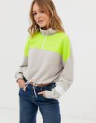 Monki Color Block Cropped Zip Neck Sweat In Beige