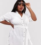 Asos Design Curve Beach Shirt With Tie Waist In Textured Fabric-white