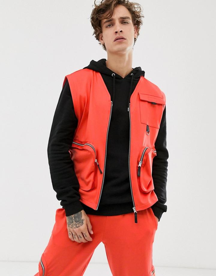Asos Design Two-piece Sleeveless Utility Top In Poly Tricot With Pockets In Orange - Orange