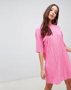 Asos Design Mini Neon T-shirt Dress In Plisse - Pink