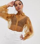 Unique21 Organza Shirt With Balloon Sleeves - Brown