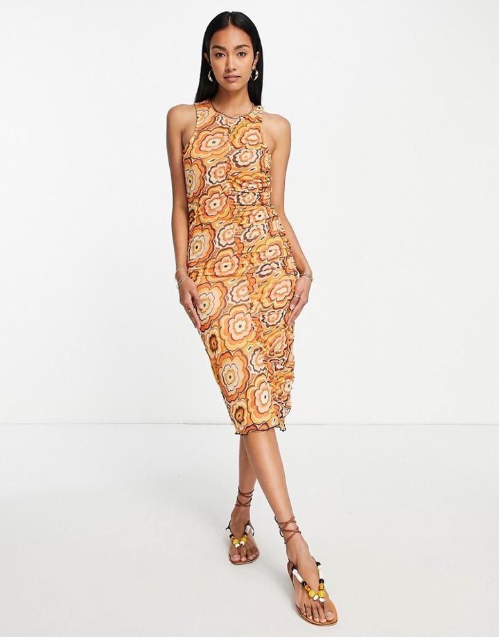 Neon Rose Racer Midi Dress With Ruched Front Seam In 70s Floral Mesh-multi