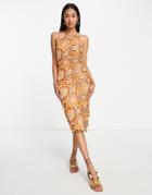 Neon Rose Racer Midi Dress With Ruched Front Seam In 70s Floral Mesh-multi