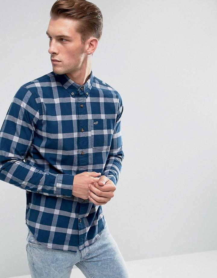 Hollister Poplin Shirt Widowpane Check Slim Fit In Navy - Navy