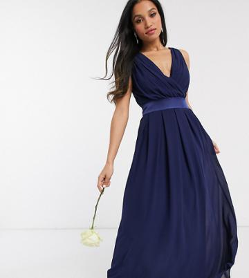 Tfnc Petite Bridesmaid Wrap Front Bow Back Maxi Dress In Navy-blues
