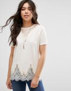 Asos Lace Mix Longline T-shirt - Nude