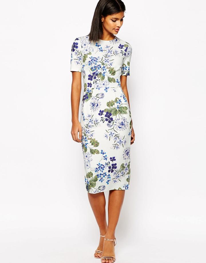 Asos Structured Wiggle Dress In Botanical Floral - Multi