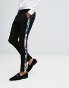 Asos Super Skinny Suit Pants With Teal Floral Print Velvet Side Stripe - Blue