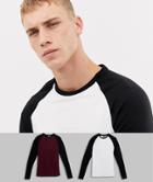Asos Design Long Sleeve Muscle Fit T-shirt With Contrast Raglan 2 Pack Save - Multi