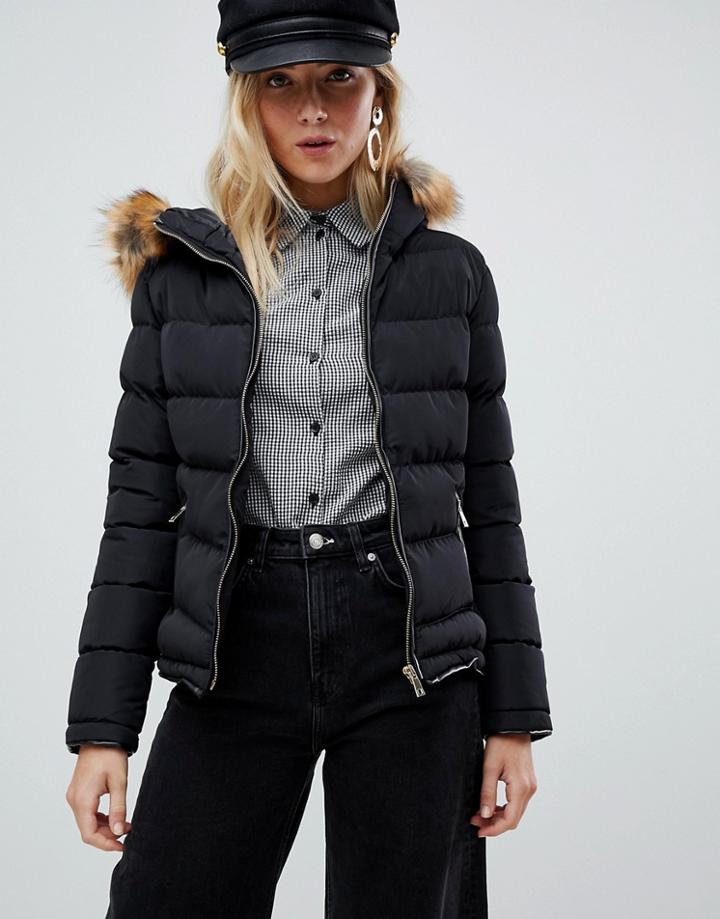 Parisian Padded Jacket With Faux Fur Trim - Black