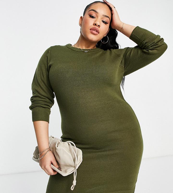 Brave Soul Plus Grungy Round Neck Jumper Dress-green