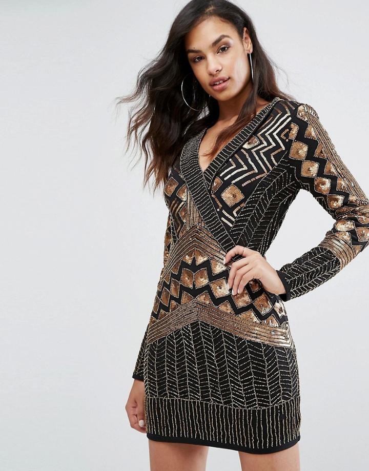 Starlet Wrap Front Embellished Mini Dress With Long Sleeves - Black