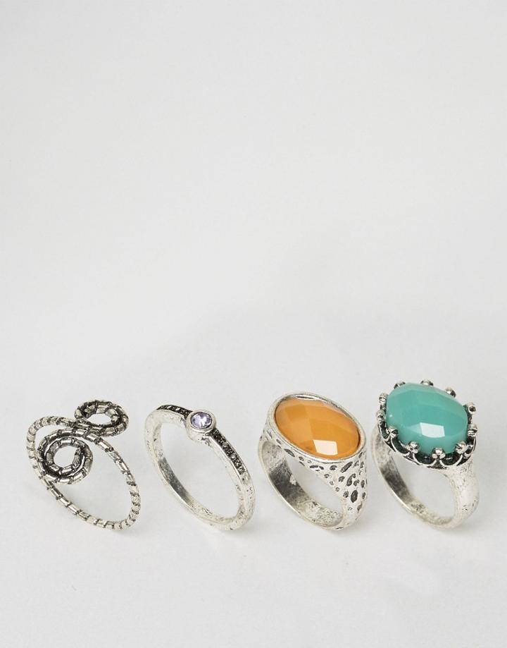 Asos Pack Of 4 Spiral & Stone Rings - Silver